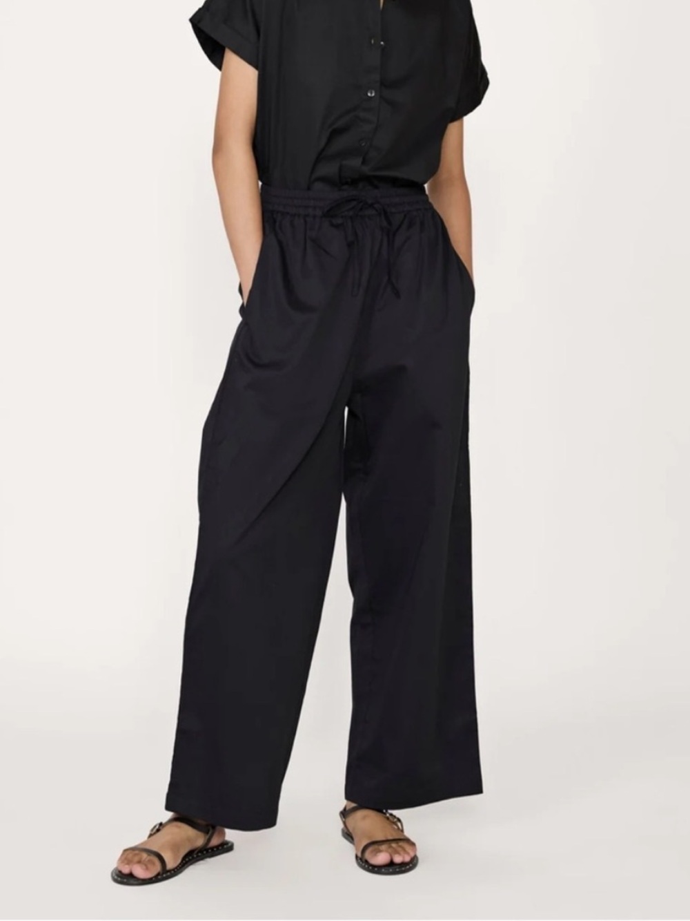 New Laude The Label Women's Black Wide-Leg Organic Cotton Drawstring Pants Small